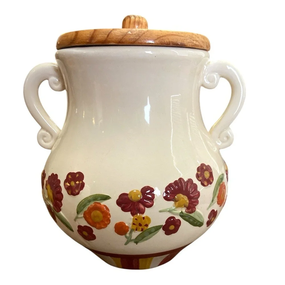 Vintage MSRF‎ French Country Floral Pottery Jar Wooden Lid Handles 9.5″